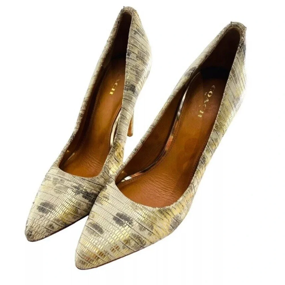 COACH New York‎ Harlee Gold Snakeskin Pumps Pointed Toe Heels Size 8.5 B